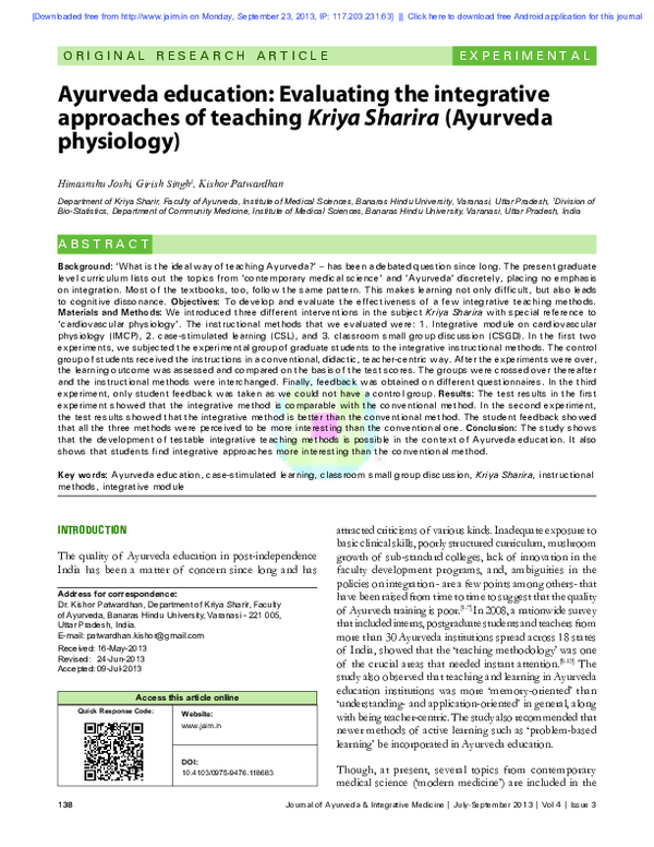 (PDF) Ayurveda education Evaluating the integrative approaches of