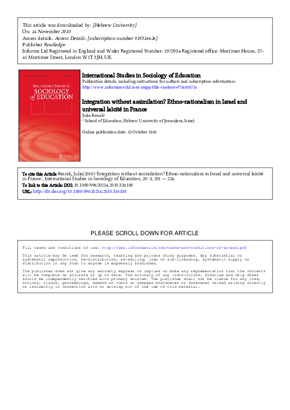 (PDF) Integration without assimilation? Ethno‐nationalism in Israel and ...