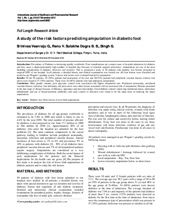 (PDF) A study of the risk factors predicting amputation in diabetic foot