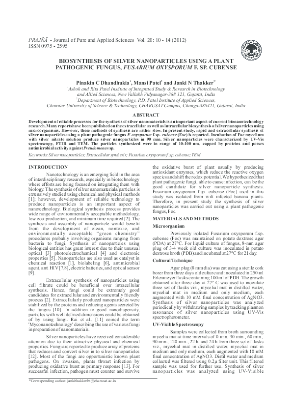 (PDF) BIOSYNTHESIS OF SILVER NANOPARTICLES USING A PLANT PATHOGENIC ...