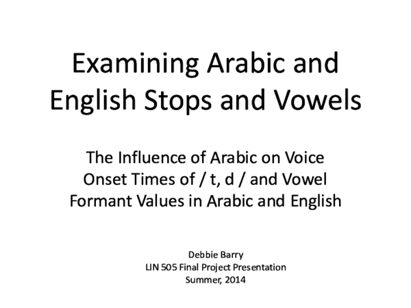 Ppt Examining Arabic And English Stops And Vowels The Influence Of Arabic On Voice Onset Times Of T D And Vowel Formant Values In Arabic And English Debbie Barry Academia Edu