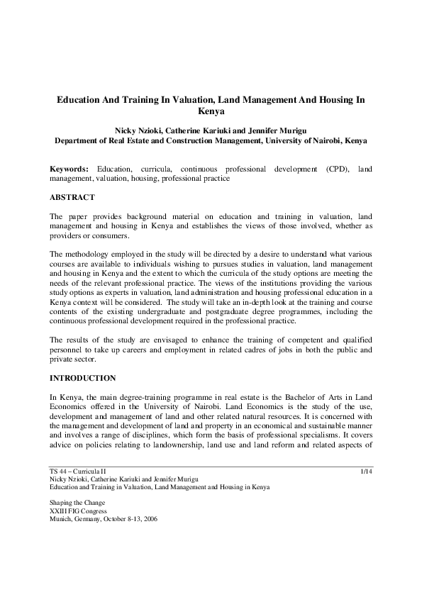 (PDF) Education And Training In Valuation, Land Management And Housing