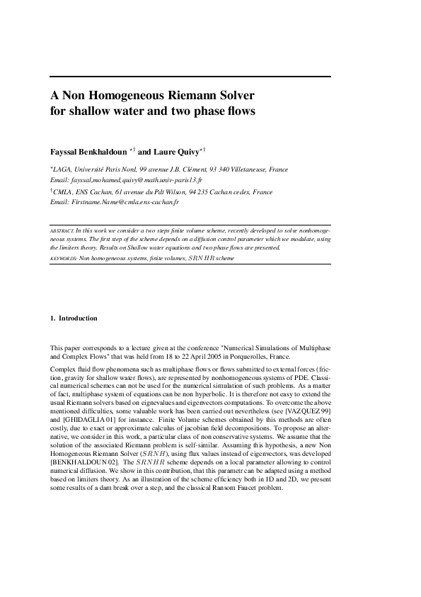 (PDF) A Non Homogeneous Riemann Solver for shallow water and two phase ...