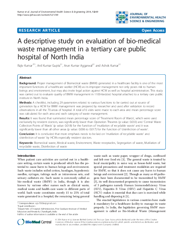 (PDF) R A descriptive study on evaluation of biomedical waste
