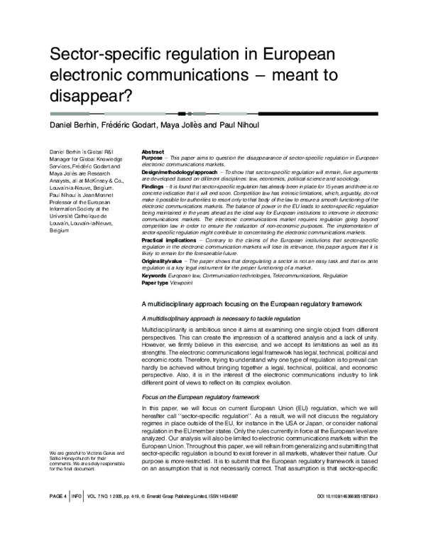 (PDF) Sectorspecific regulation in European electronic communications