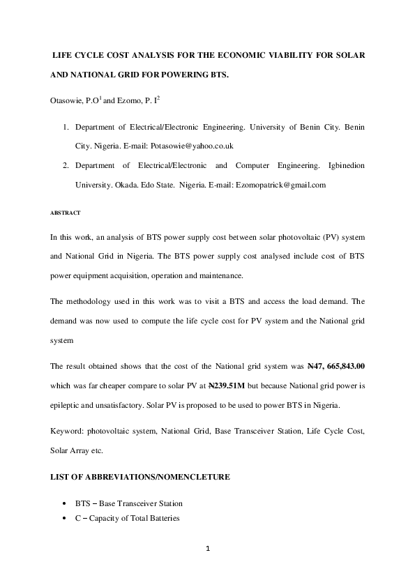 (DOC) LIFE CYCLE COST ANALYSIS FOR THE ECONOMIC VIABILITY FOR SOLAR AND ...
