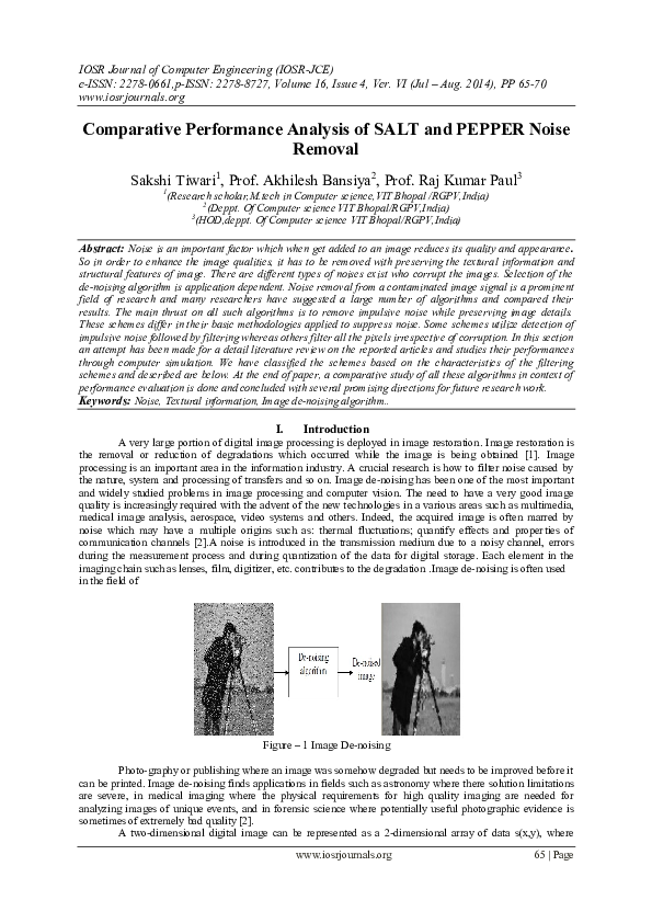 (PDF) Comparative Performance Analysis of SALT and PEPPER Noise Removal