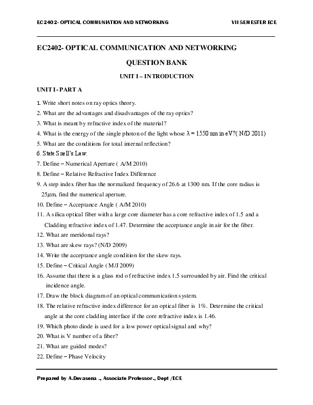 (PDF) EC2402 optical communication and Networking question Bank