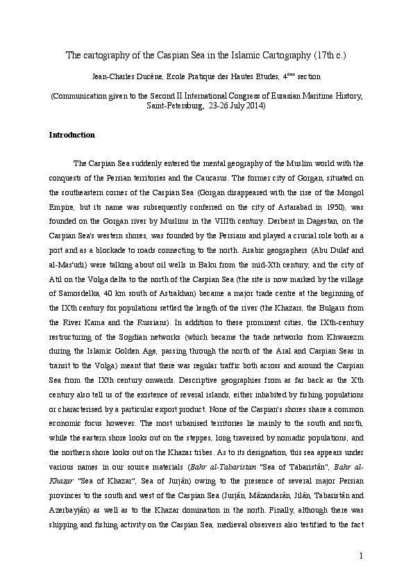 The cartography of the Caspian Sea in the Islamic Cartography (17th c.)