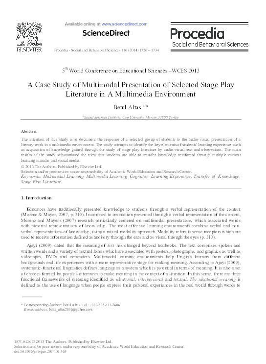 (PDF) A Case Study of Multimodal Presentation of Selected Stage Play ...
