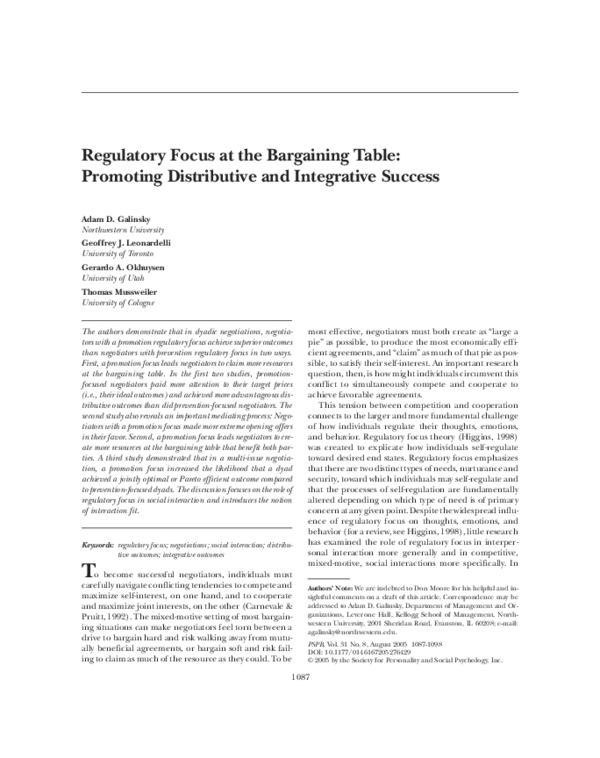 (PDF) Regulatory focus at the bargaining table Promoting distributive