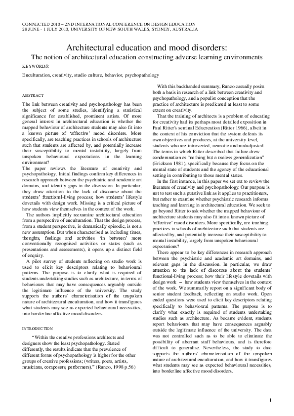 Architectural education and mood disorders the notion of architectural