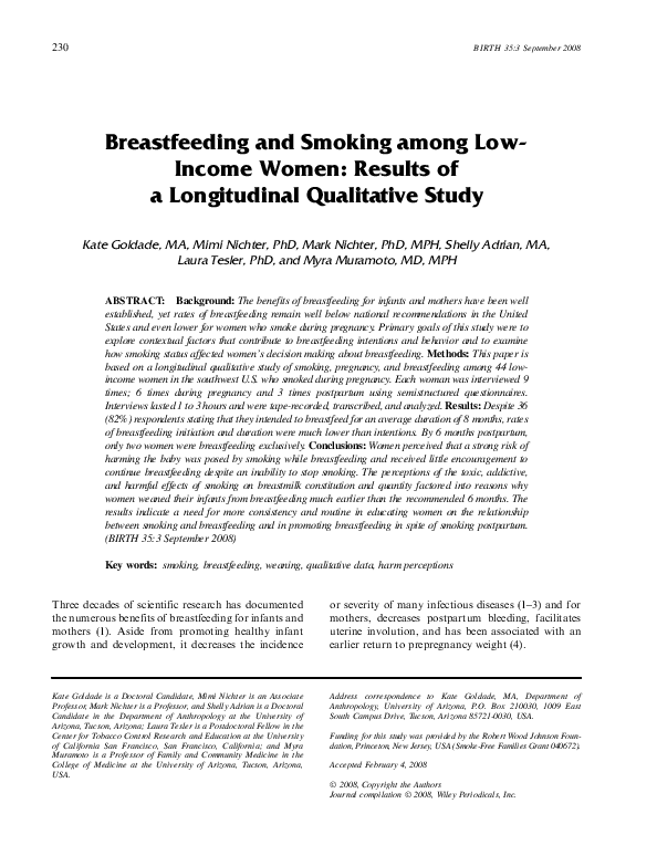 (PDF) Breastfeeding and Smoking among Women Results of a