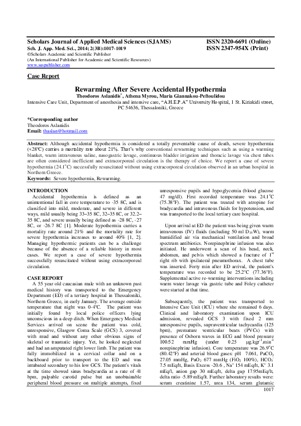 Rewarming After Severe Accidental Hypothermia