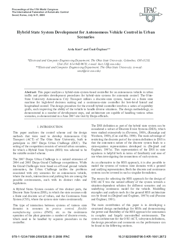 (PDF) Hybrid State System Development for Autonomous Vehicle Control in ...