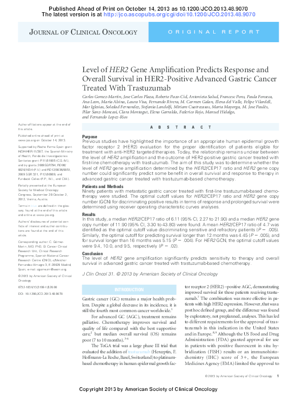 Level of HER2 Gene Amplification Predicts Response and Overall Survival ...