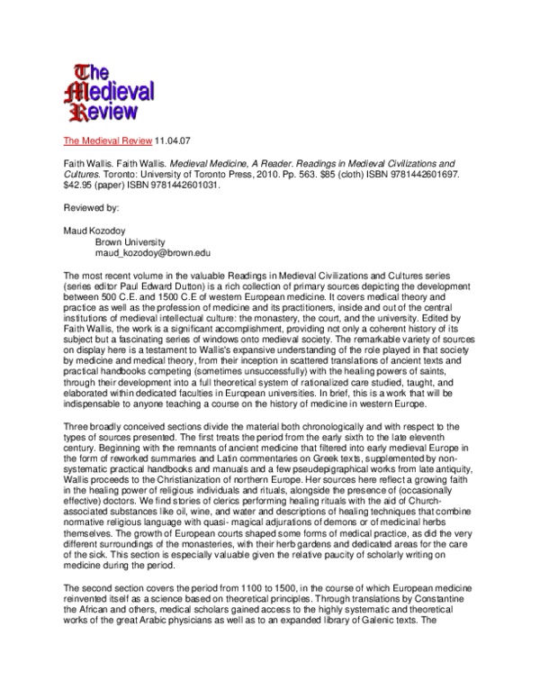 (PDF) Review of Faith Wallis, ed. Medieval Medicine, A Reader Maud