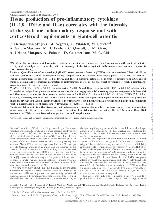 (PDF) Tissue production of pro-inflammatory cytokines (IL1 , TNF and ...
