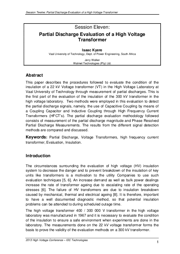 (PDF) Partial Discharge Evaluation of a High Voltage Transformer