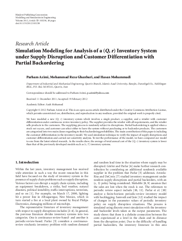 (PDF) Simulation Modeling for Analysis of a (Q, r) Inventory System ...