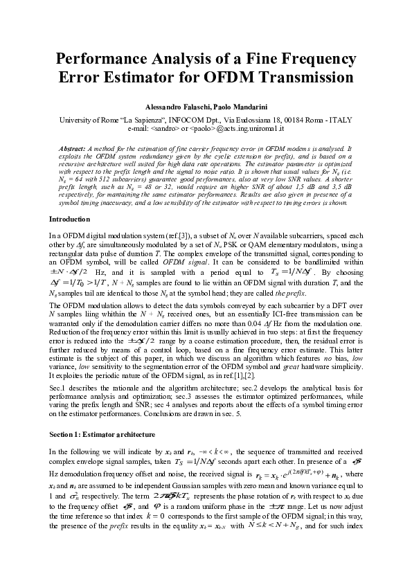 (PDF) Performance analysis of a fine frequency error estimator for OFDM ...
