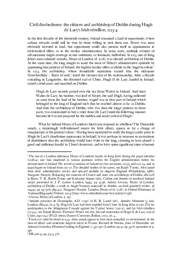 'Civil disobedience: the citizens and archbishop of Dublin during Hugh de Lacy’s Irish rebellion, 1223-4'