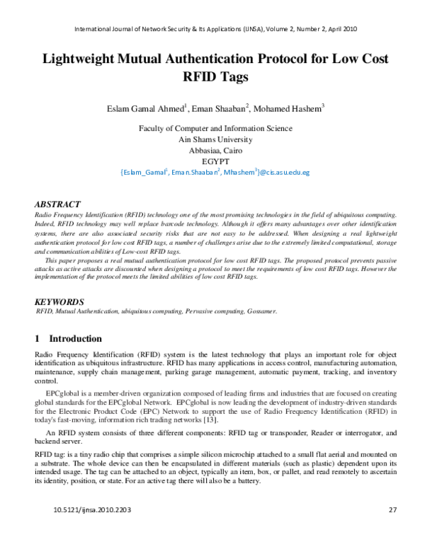 (PDF) Lightweight Mutual Authentication Protocol for Low Cost RFID Tags