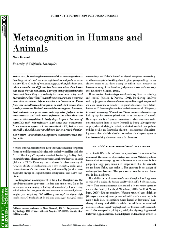 (PDF) Metacognition in Humans and Animals