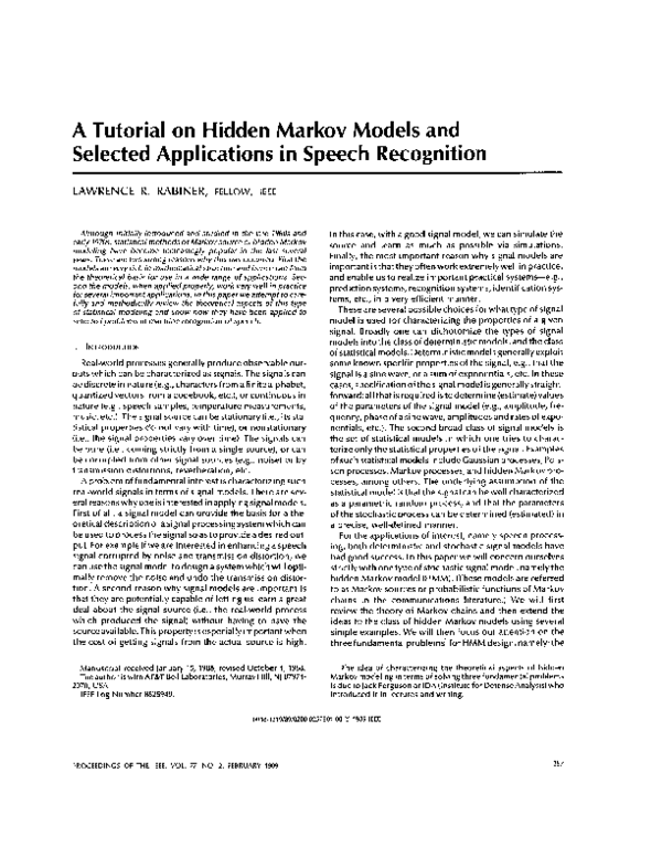 (PDF) A tutorial on hidden Markov models and selected applications in ...