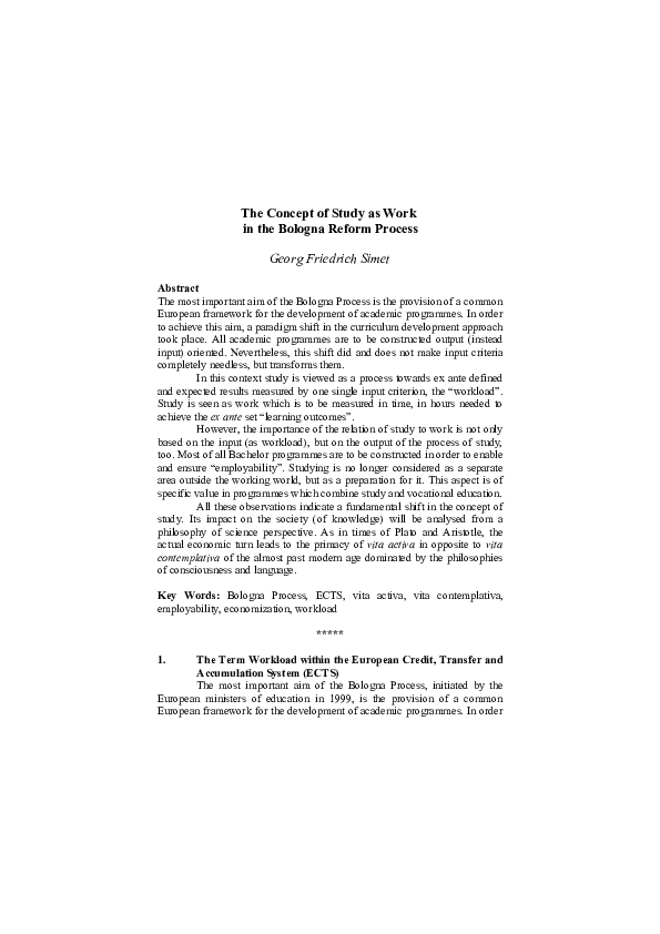 (PDF) The Concept of Study as Work in the Bologna Reform Process