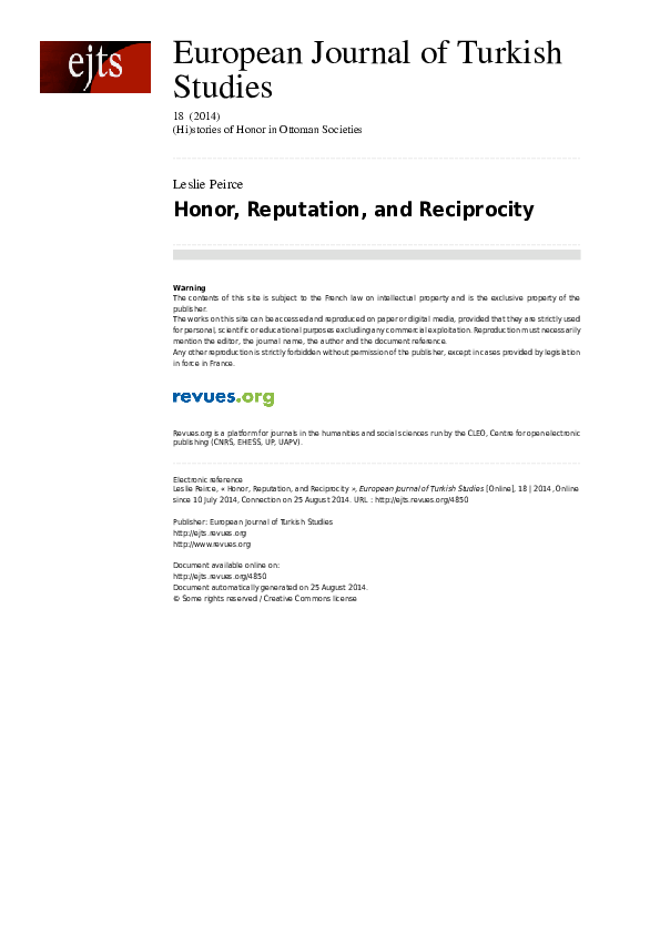 (PDF) Honor, reputation, and reciprocity