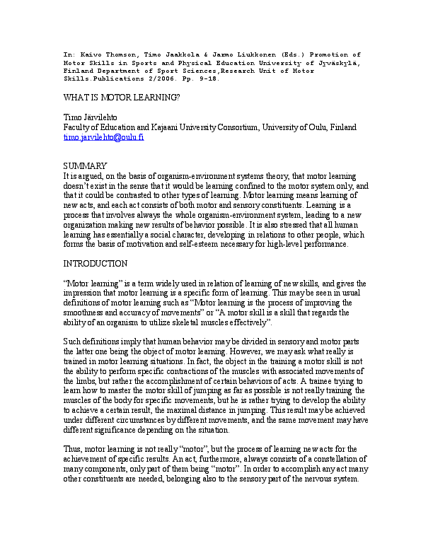  DOC What Is Motor Learning Timo J rvilehto Academia edu
