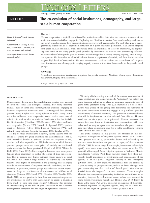 (PDF) The co-evolution of social institutions, demography, and large ...
