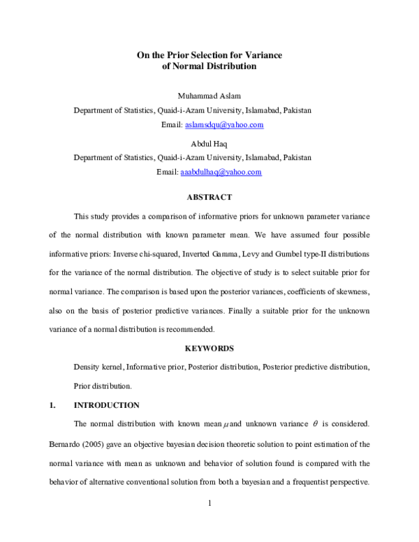  pdf on the prior selection for variance of normal distribution