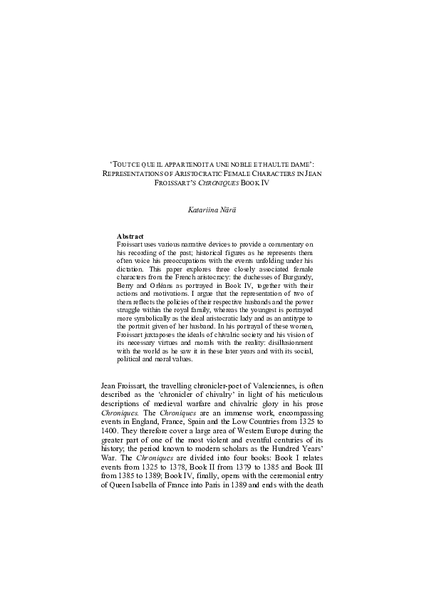 ‘TOUT CE QUE IL APPARTENOIT A UNE NOBLE ET HAULTE DAME’: REPRESENTATIONS OF ARISTOCRATIC FEMALE CHARACTERS IN JEAN FROISSART’S CHRONIQUES BOOK IV