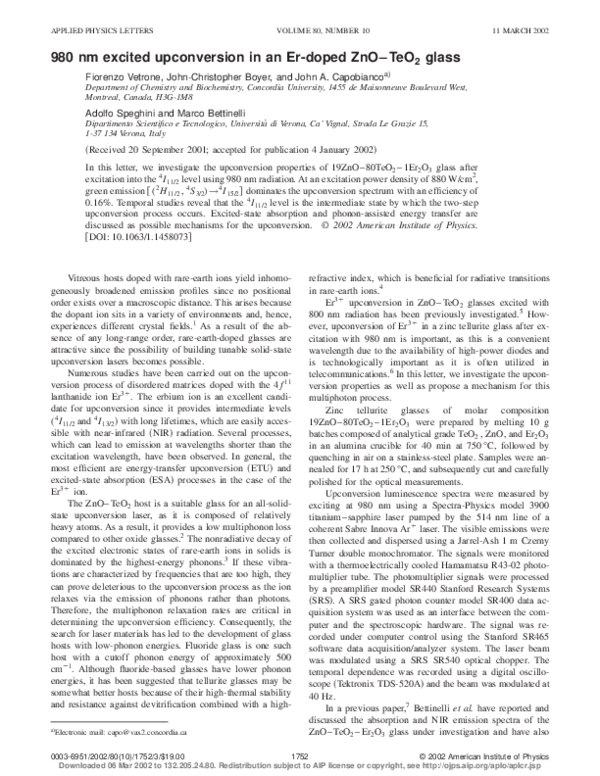 (PDF) 980 nm Excited Upconversion In An Er-Doped ZnO-TeO2 Glass