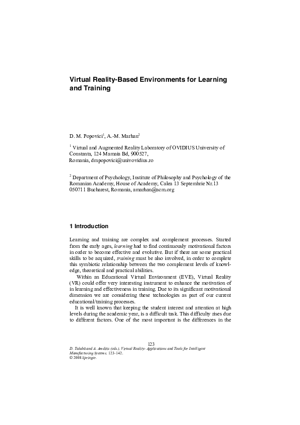 Pdf Virtual Reality Based Environments For Learning And Training