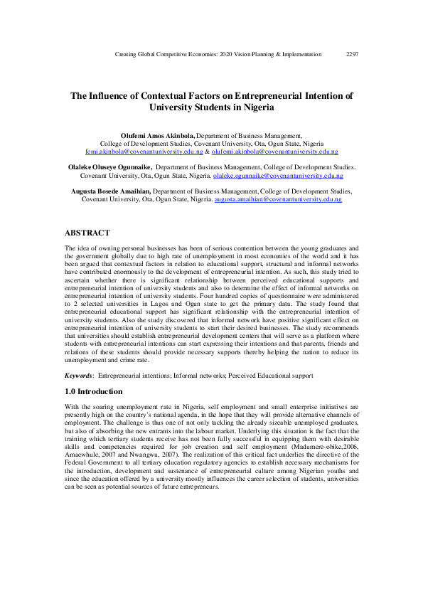 (PDF) The Influence of Contextual Factors on Entrepreneurial Intention ...