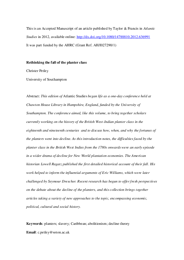 (PDF) Rethinking the fall of the planter class Christer Petley