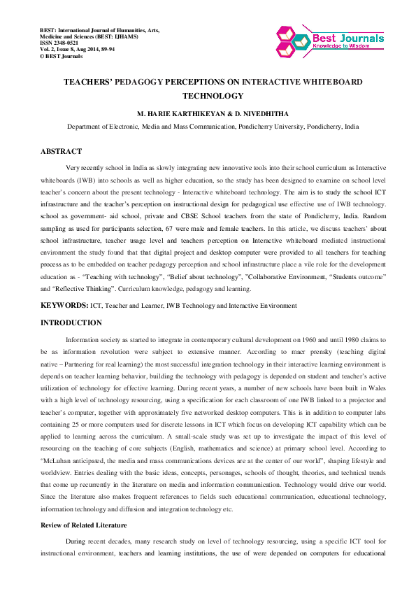 (PDF) TEACHERS’ PEDAGOGY PERCEPTIONS ON INTERACTIVE WHITEBOARD TECHNOLOGY