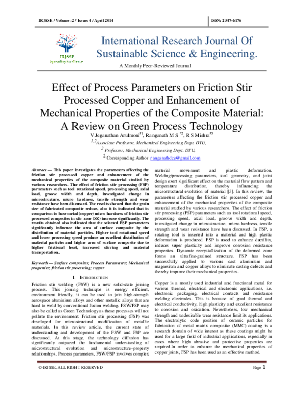 (PDF) Effect of Process Parameters on Friction Stir Processed Copper ...