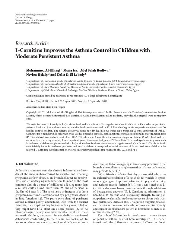 PDF) L-Carnitine Improves the Asthma Control in Children with Moderate  Persistent Asthma