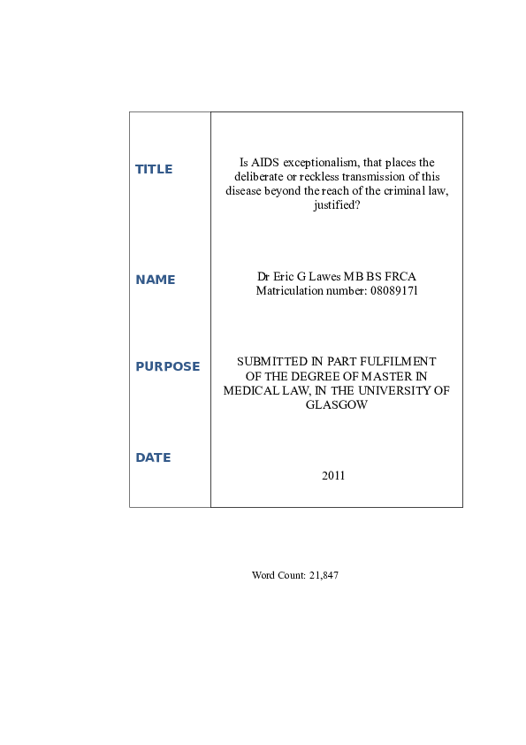 (DOC) Is AIDS exceptionalism, that places the deliberate or reckless