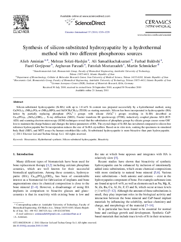 (PDF) Synthesis of silicon-substituted hydroxyapatite by a hydrothermal ...