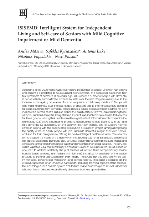 (PDF) ISISEMD: INTELLIGENT SYSTEM FOR INDEPENDENT LIVING AND SELF-CARE ...