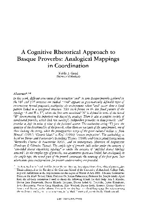 A cognitive rhetorical approach to Basque proverbs: analogical mappings ...