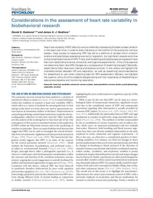 (PDF) Considerations in the assessment of heart rate variability in ...