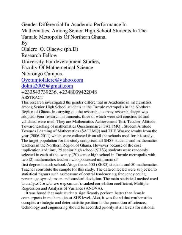 (PDF) Gender Differential In Academic Performance In Mathematics Among ...