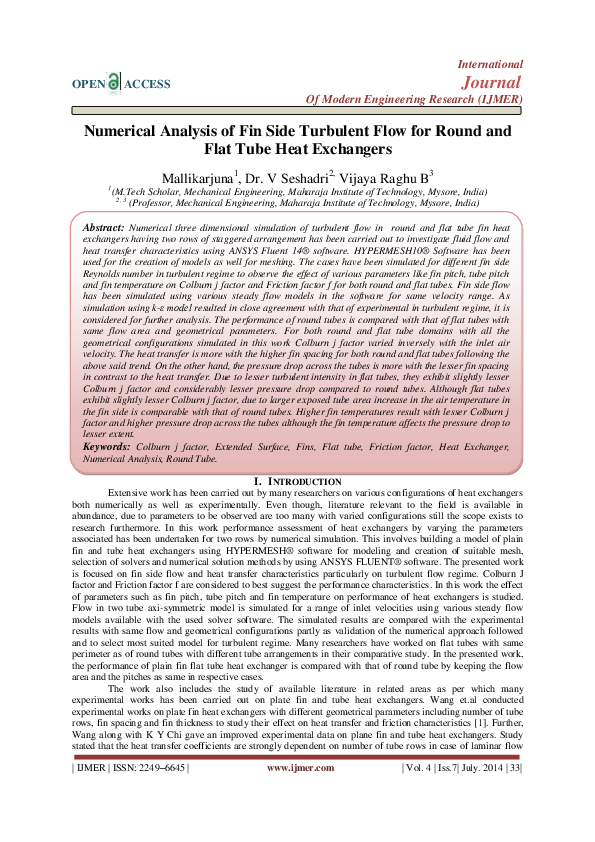 (PDF) Numerical Analysis of Fin Side Turbulent Flow for Round and Flat ...