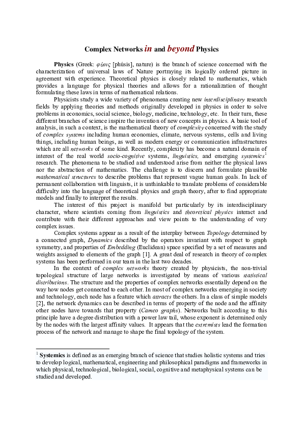 (PDF) Complex Networks in and beyond Physics
